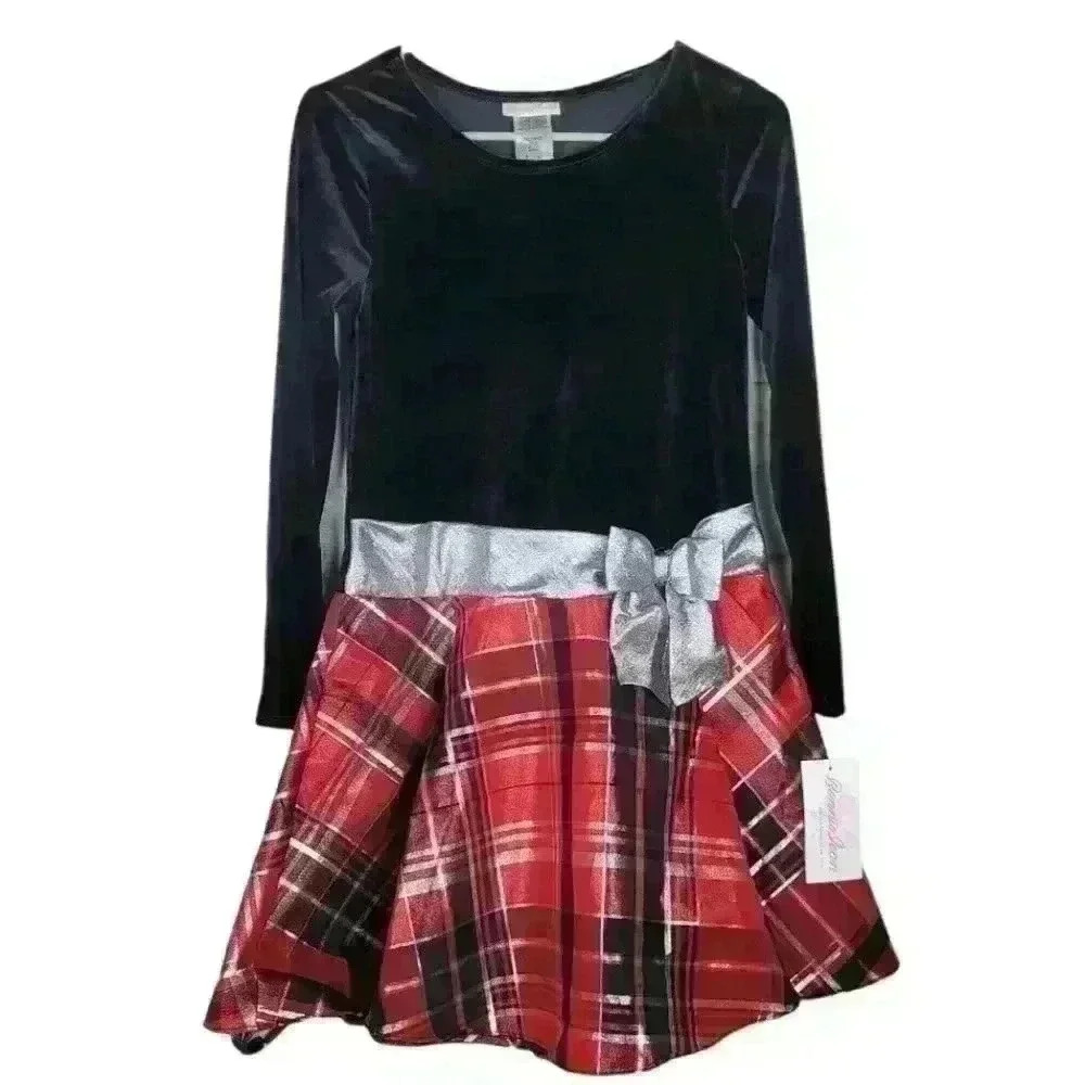 NWT Bonnie Jean Red Velvet & Plaid Twirl Dress Sz 16